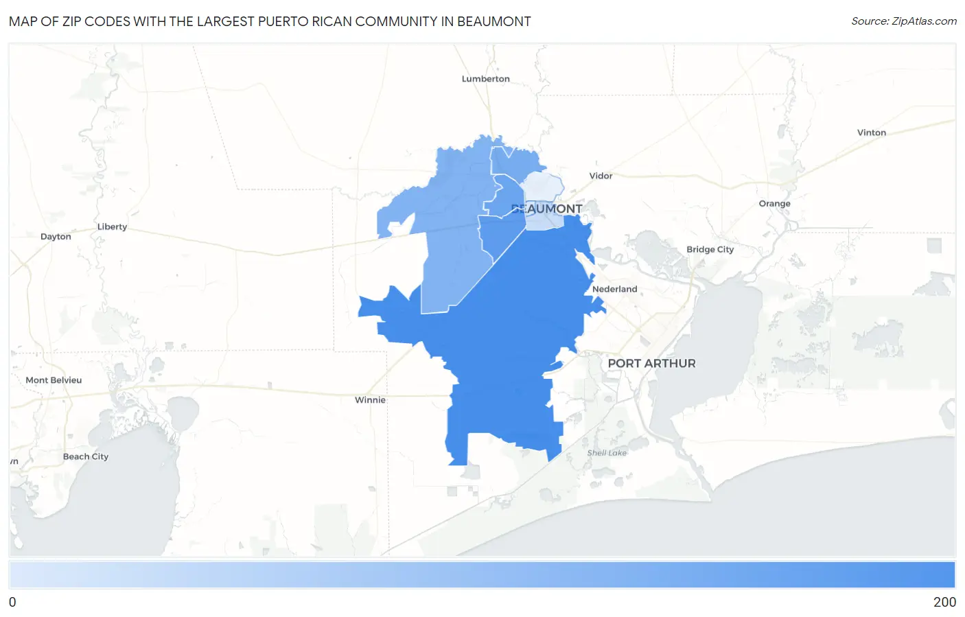 Zip Codes with the Largest Puerto Rican Community in Beaumont Map