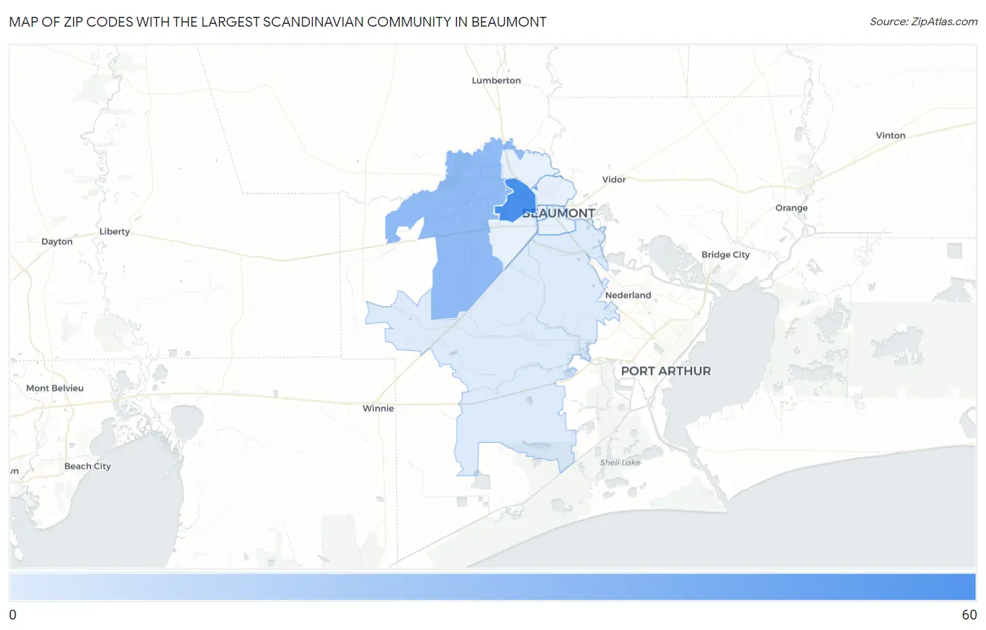 Zip Codes with the Largest Scandinavian Community in Beaumont Map