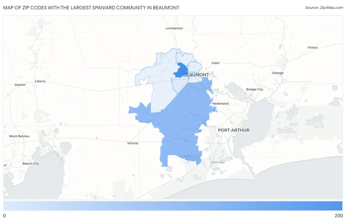Zip Codes with the Largest Spaniard Community in Beaumont Map