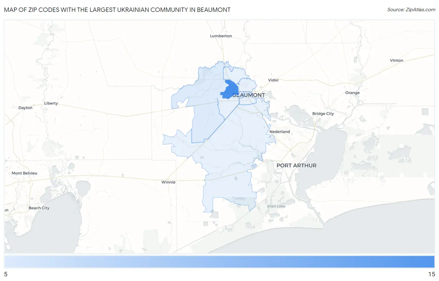 Zip Codes with the Largest Ukrainian Community in Beaumont Map