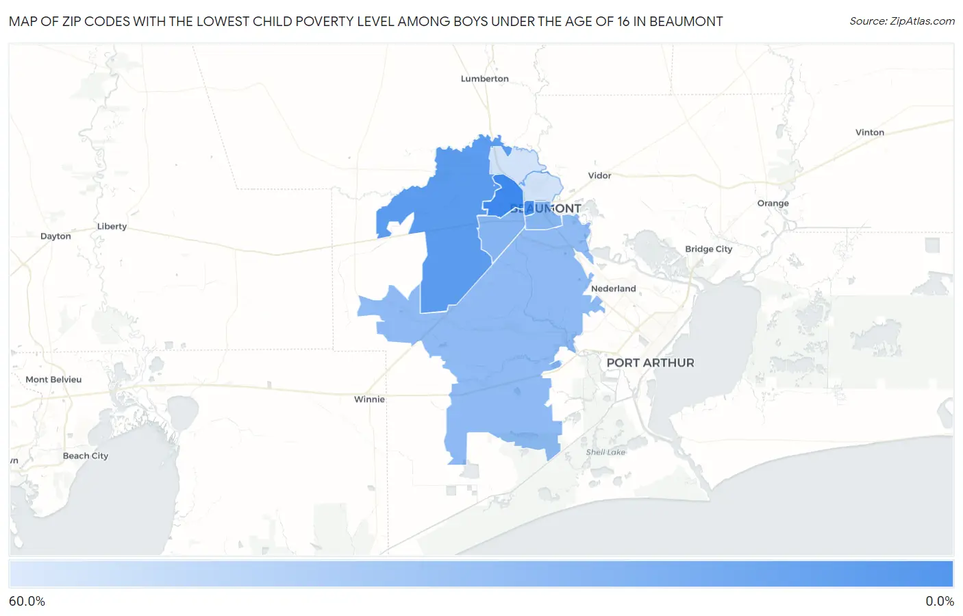 Zip Codes with the Lowest Child Poverty Level Among Boys Under the Age of 16 in Beaumont Map