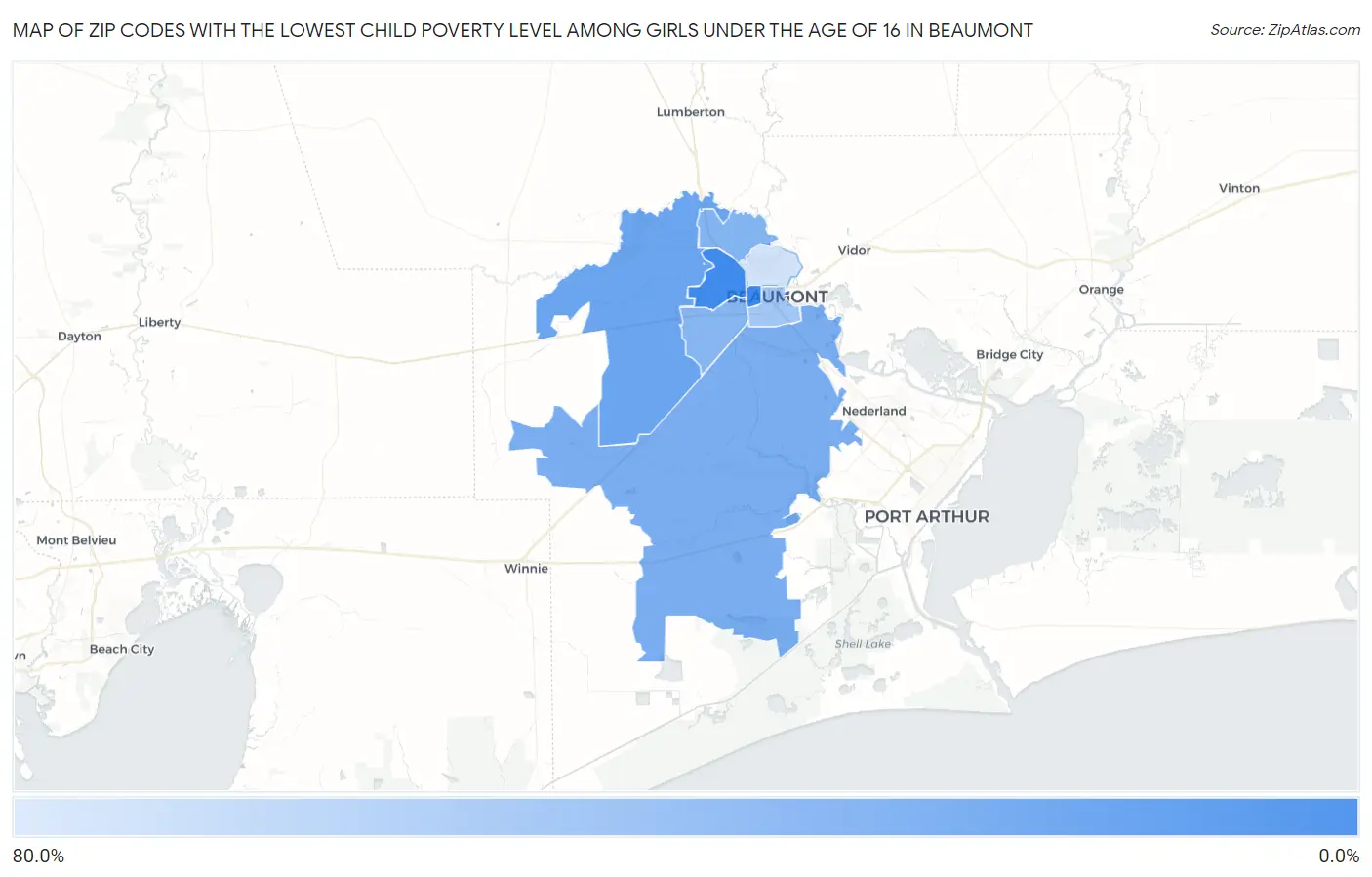 Zip Codes with the Lowest Child Poverty Level Among Girls Under the Age of 16 in Beaumont Map