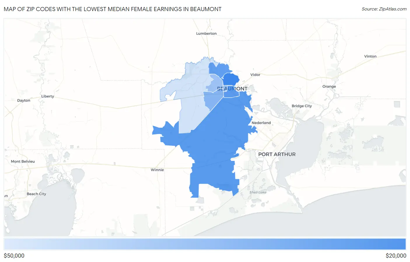 Zip Codes with the Lowest Median Female Earnings in Beaumont Map