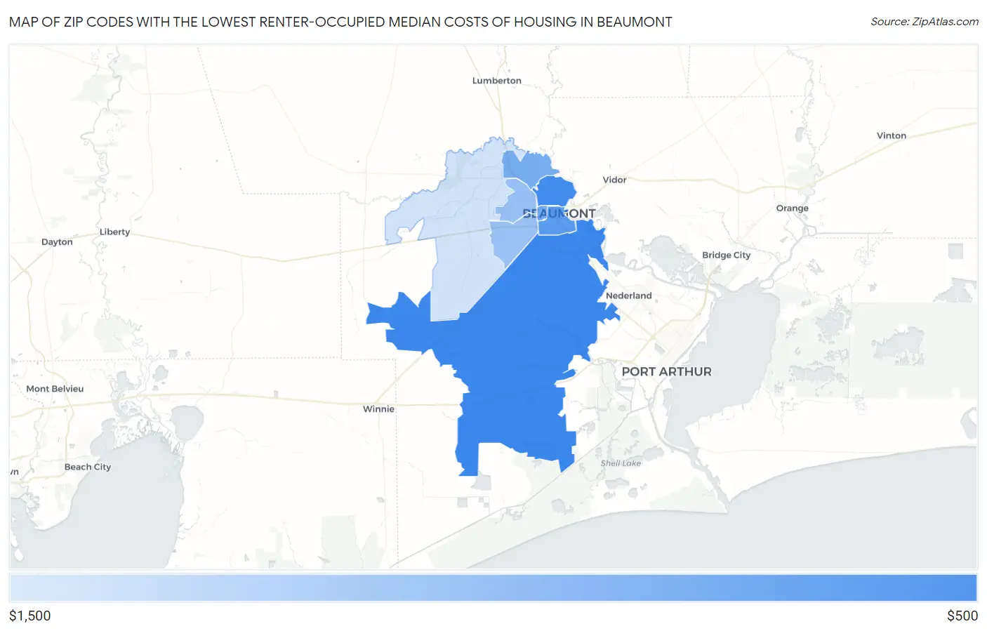 Zip Codes with the Lowest Renter-Occupied Median Costs of Housing in Beaumont Map