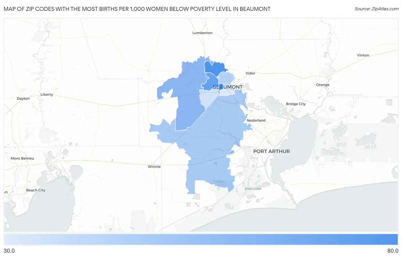 Zip Codes with the Most Births per 1,000 Women Below Poverty Level in Beaumont Map