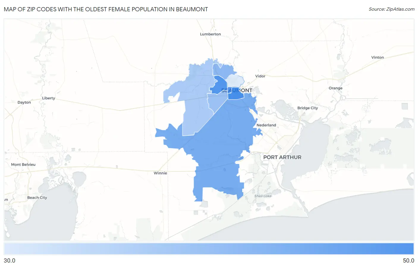 Zip Codes with the Oldest Female Population in Beaumont Map
