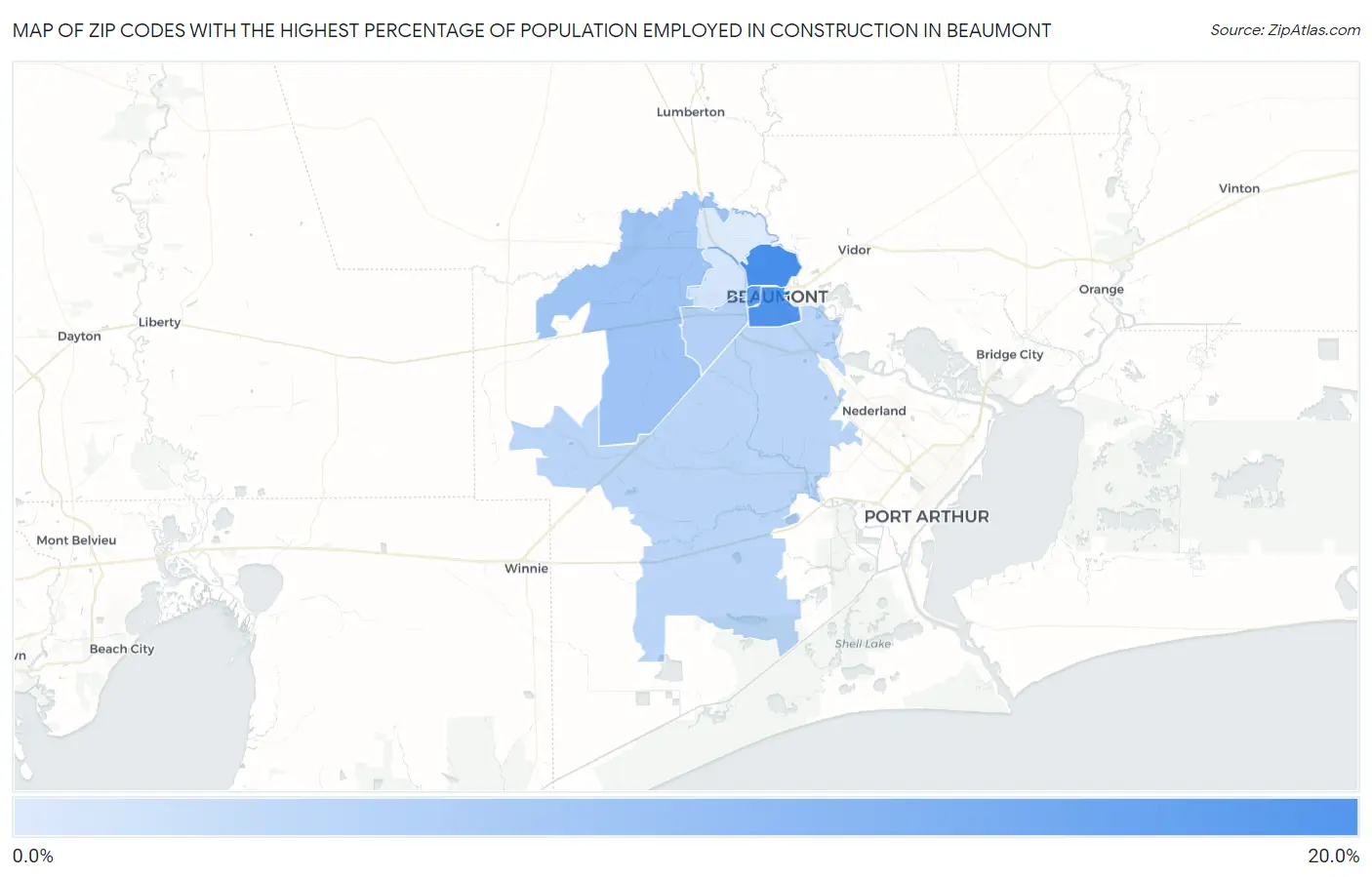 Zip Codes with the Highest Percentage of Population Employed in Construction in Beaumont Map