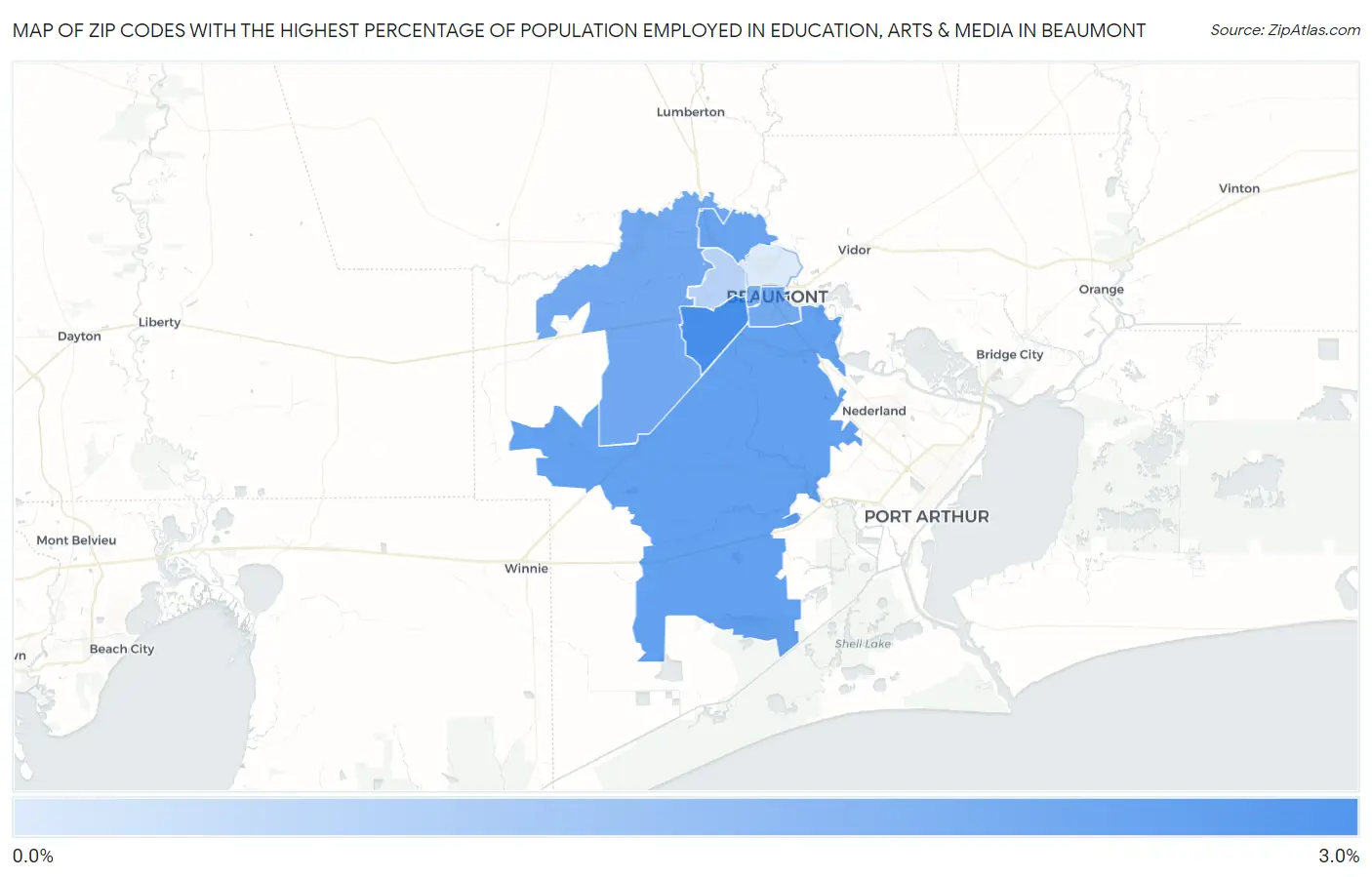 Zip Codes with the Highest Percentage of Population Employed in Education, Arts & Media in Beaumont Map