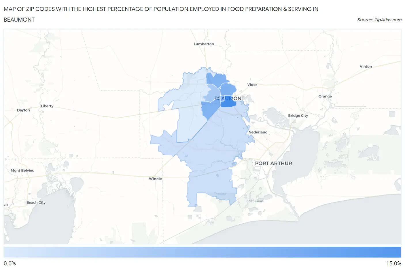 Zip Codes with the Highest Percentage of Population Employed in Food Preparation & Serving in Beaumont Map