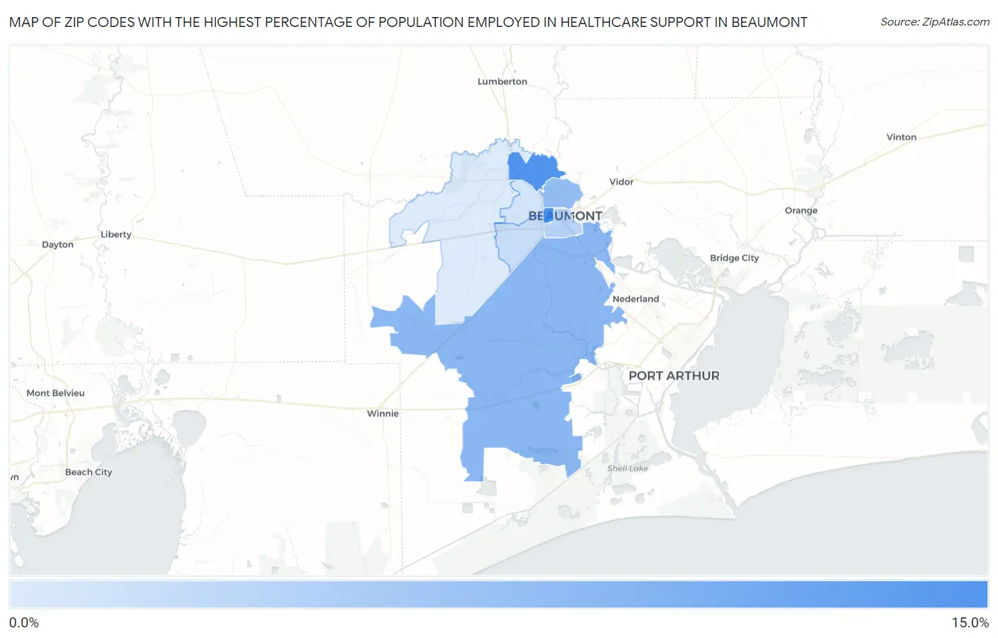 Zip Codes with the Highest Percentage of Population Employed in Healthcare Support in Beaumont Map