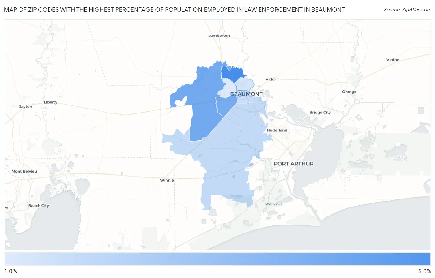 Zip Codes with the Highest Percentage of Population Employed in Law Enforcement in Beaumont Map