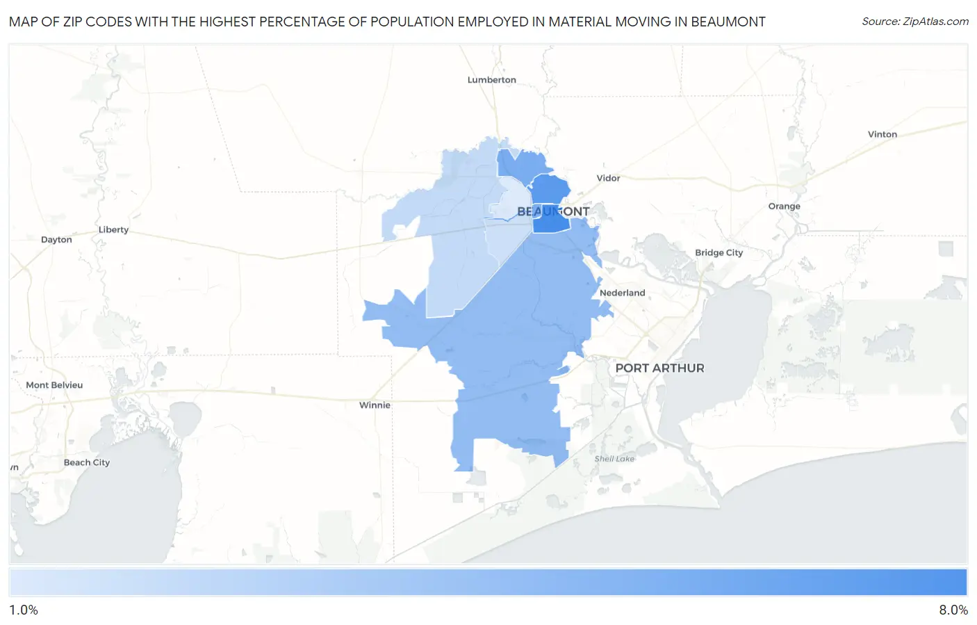 Zip Codes with the Highest Percentage of Population Employed in Material Moving in Beaumont Map