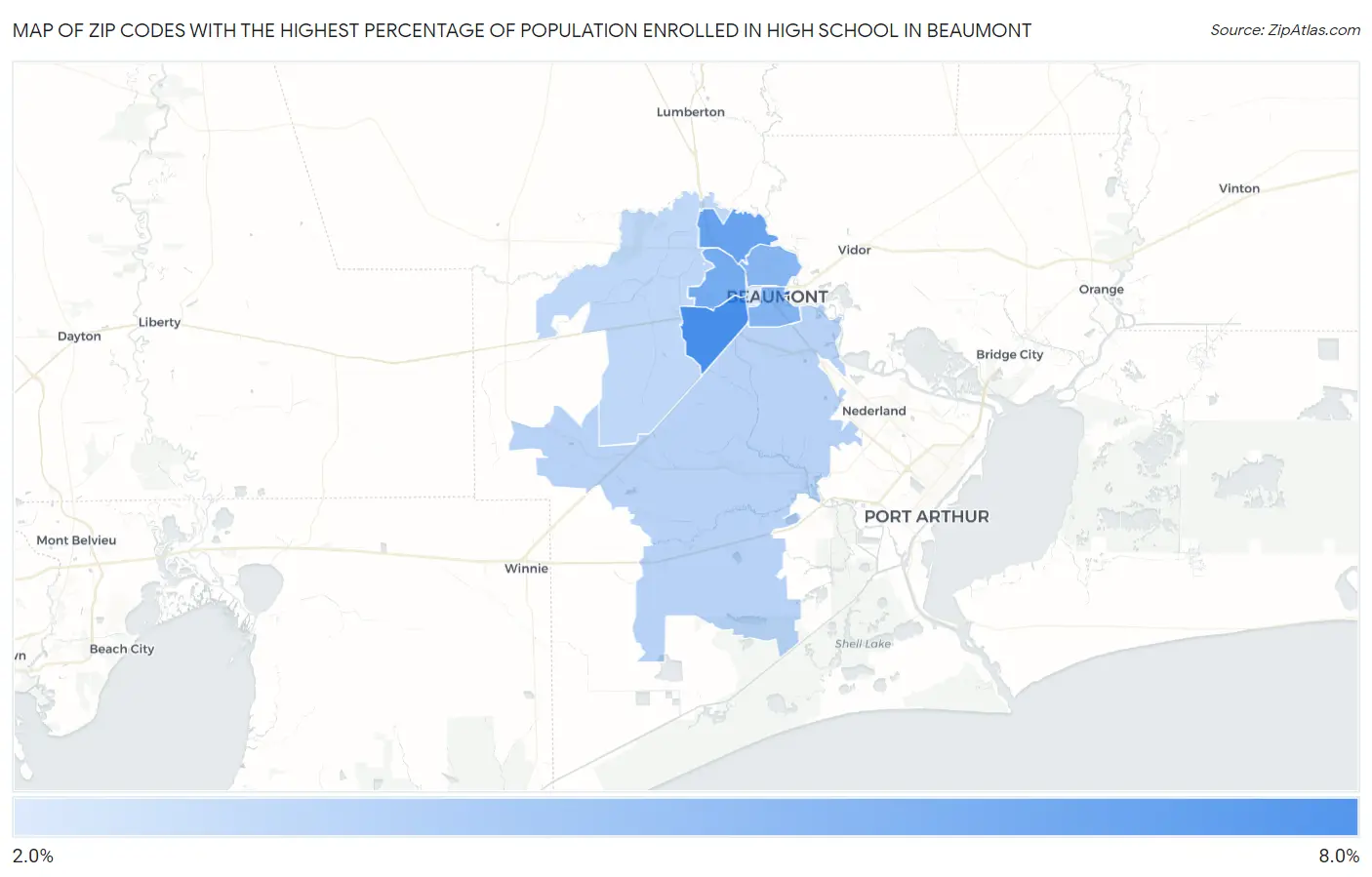 Zip Codes with the Highest Percentage of Population Enrolled in High School in Beaumont Map
