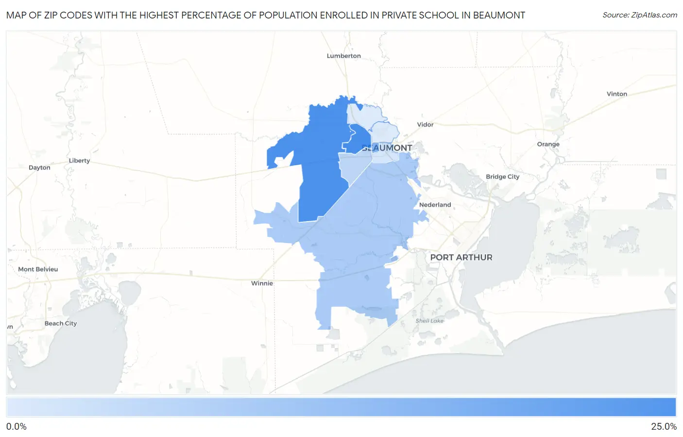 Zip Codes with the Highest Percentage of Population Enrolled in Private School in Beaumont Map