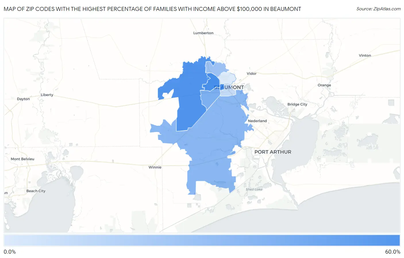 Zip Codes with the Highest Percentage of Families with Income Above $100,000 in Beaumont Map