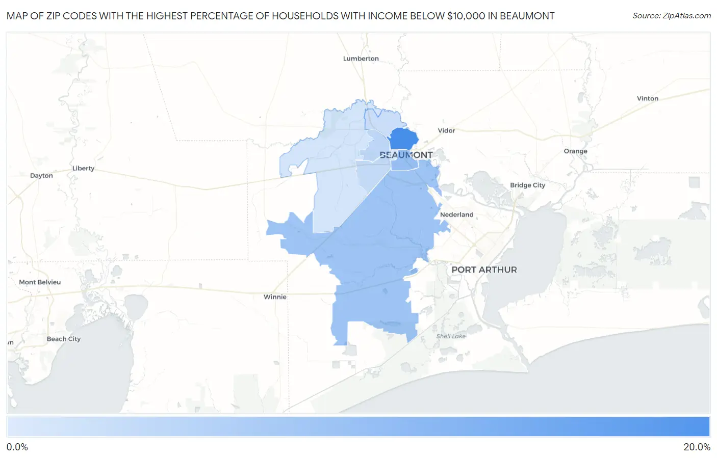 Zip Codes with the Highest Percentage of Households with Income Below $10,000 in Beaumont Map