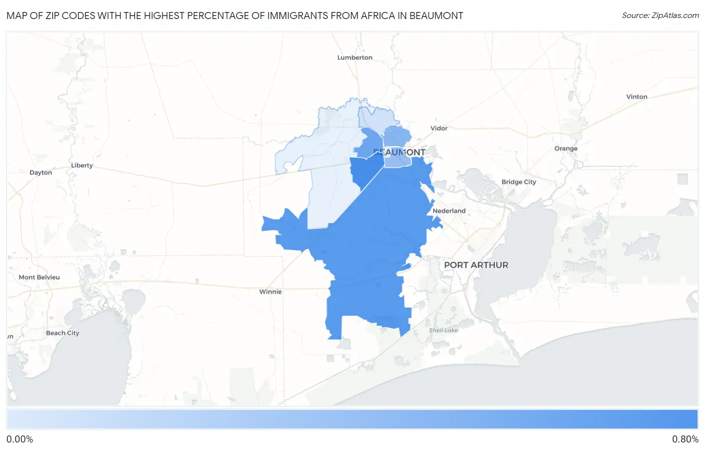 Zip Codes with the Highest Percentage of Immigrants from Africa in Beaumont Map