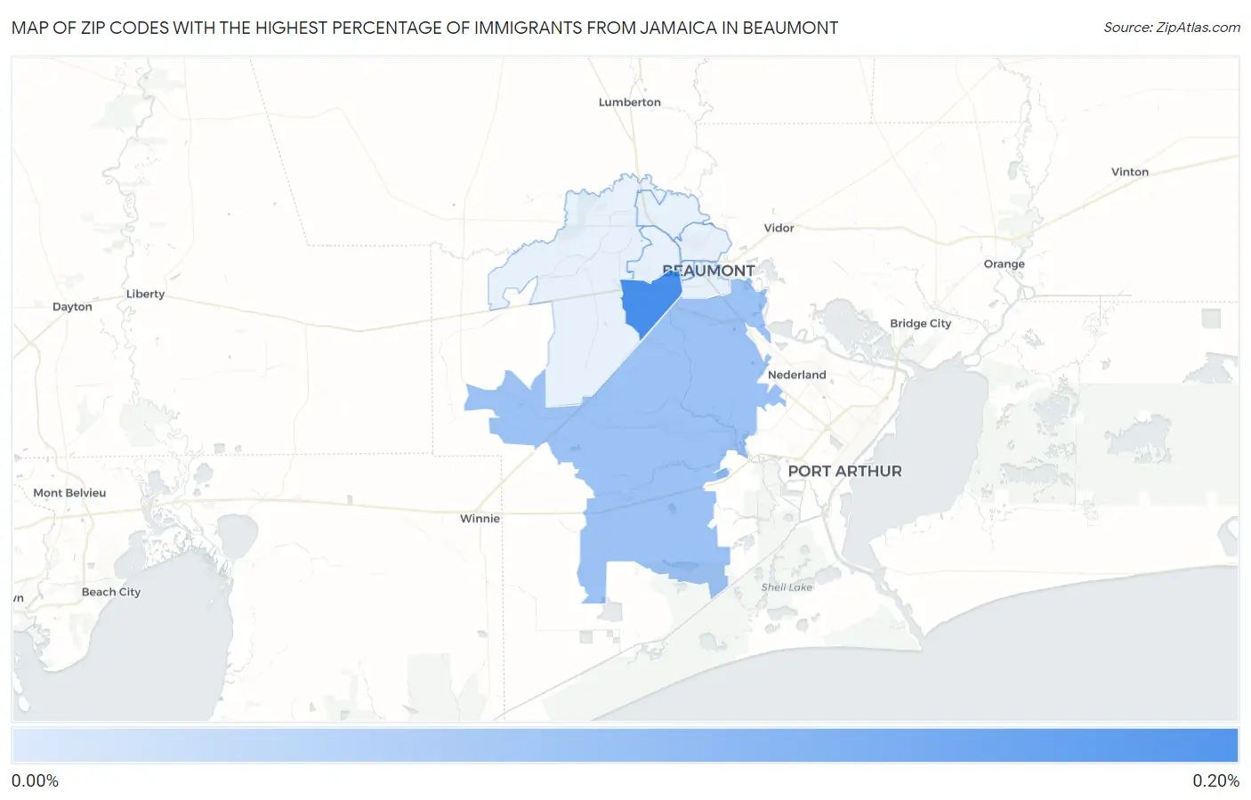Zip Codes with the Highest Percentage of Immigrants from Jamaica in Beaumont Map