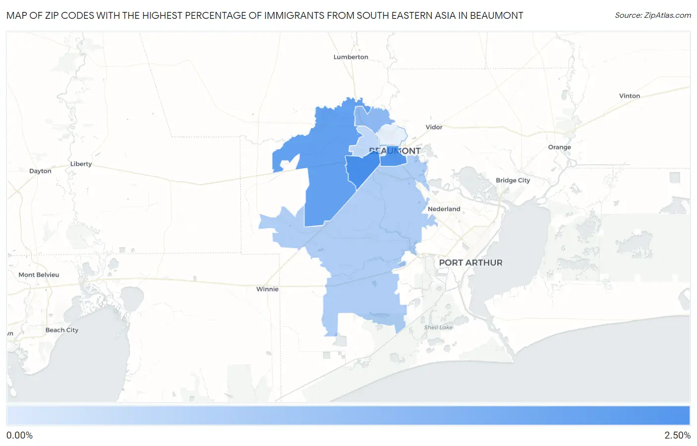 Zip Codes with the Highest Percentage of Immigrants from South Eastern Asia in Beaumont Map