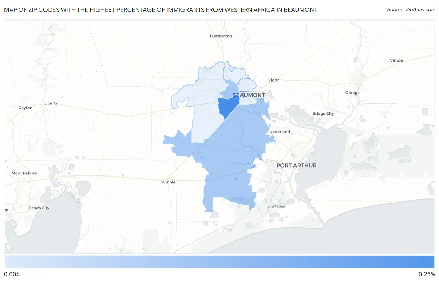 Zip Codes with the Highest Percentage of Immigrants from Western Africa in Beaumont Map