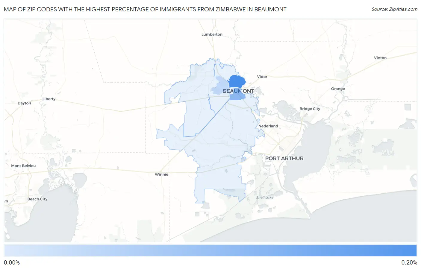 Zip Codes with the Highest Percentage of Immigrants from Zimbabwe in Beaumont Map
