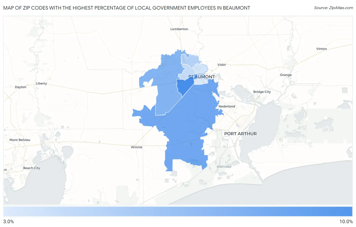 Zip Codes with the Highest Percentage of Local Government Employees in Beaumont Map