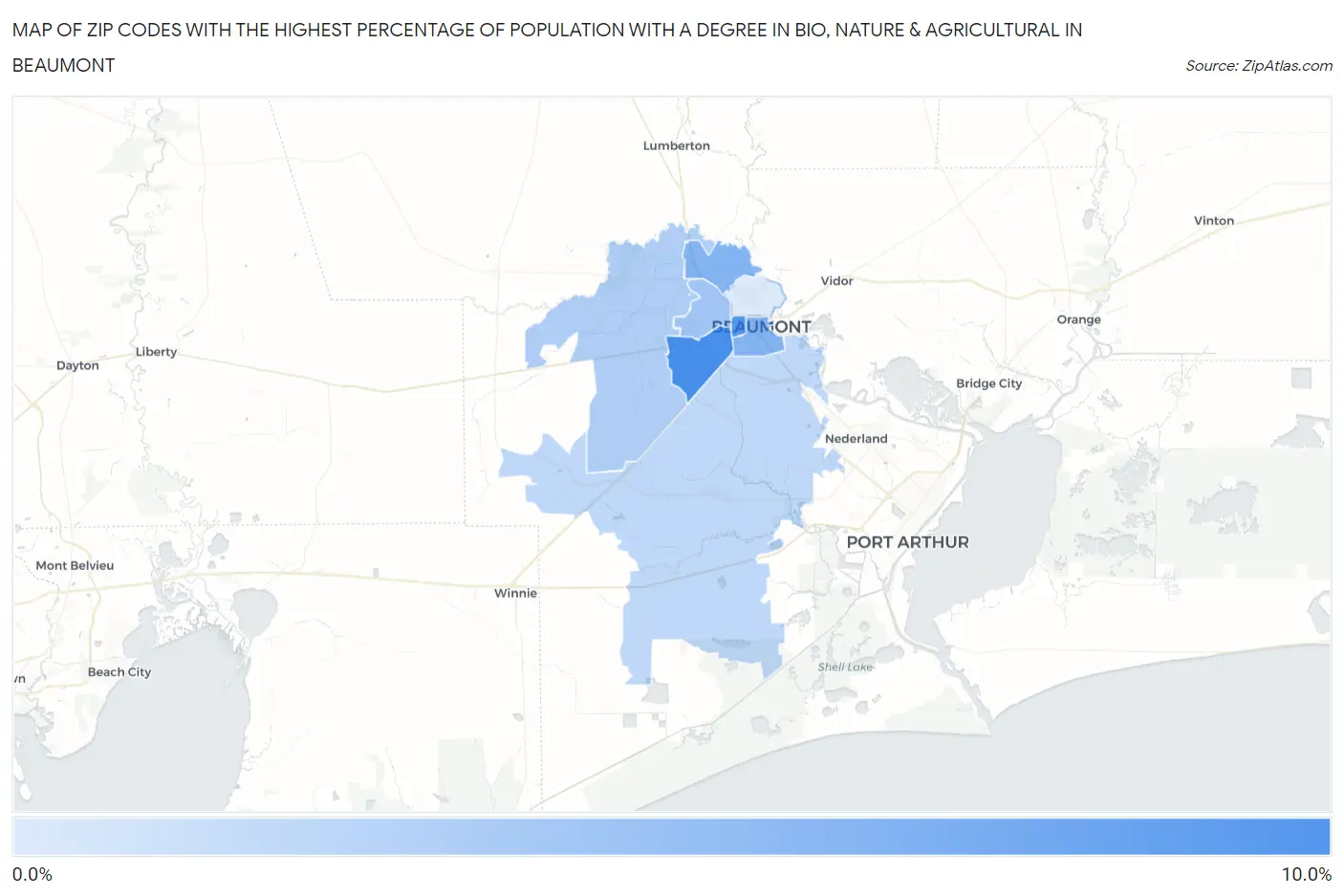Zip Codes with the Highest Percentage of Population with a Degree in Bio, Nature & Agricultural in Beaumont Map