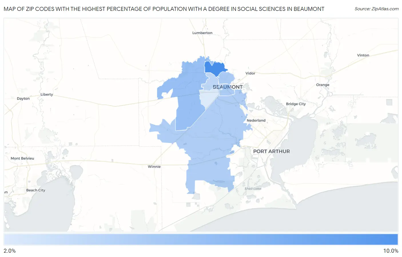 Zip Codes with the Highest Percentage of Population with a Degree in Social Sciences in Beaumont Map