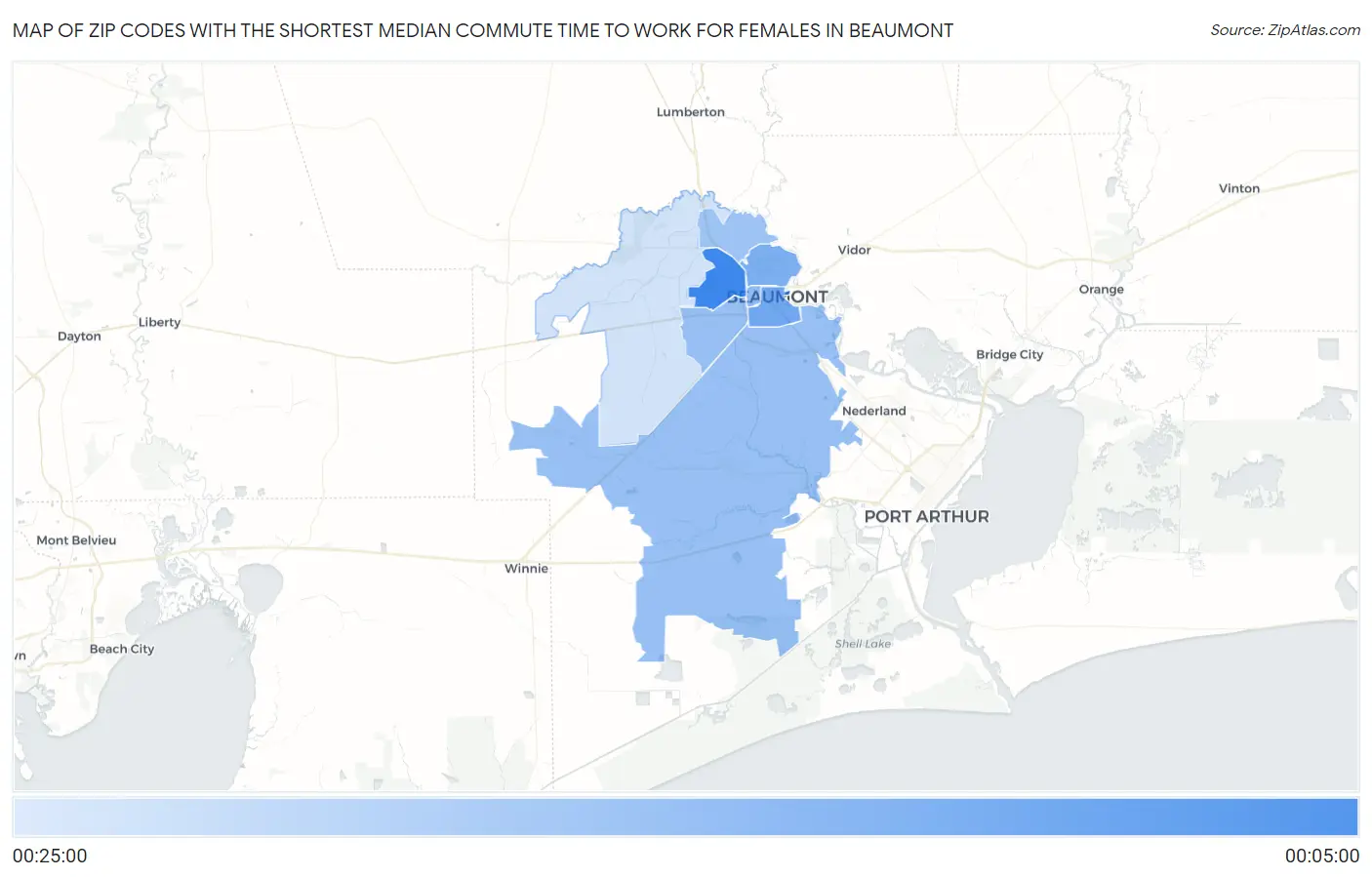 Zip Codes with the Shortest Median Commute Time to Work for Females in Beaumont Map