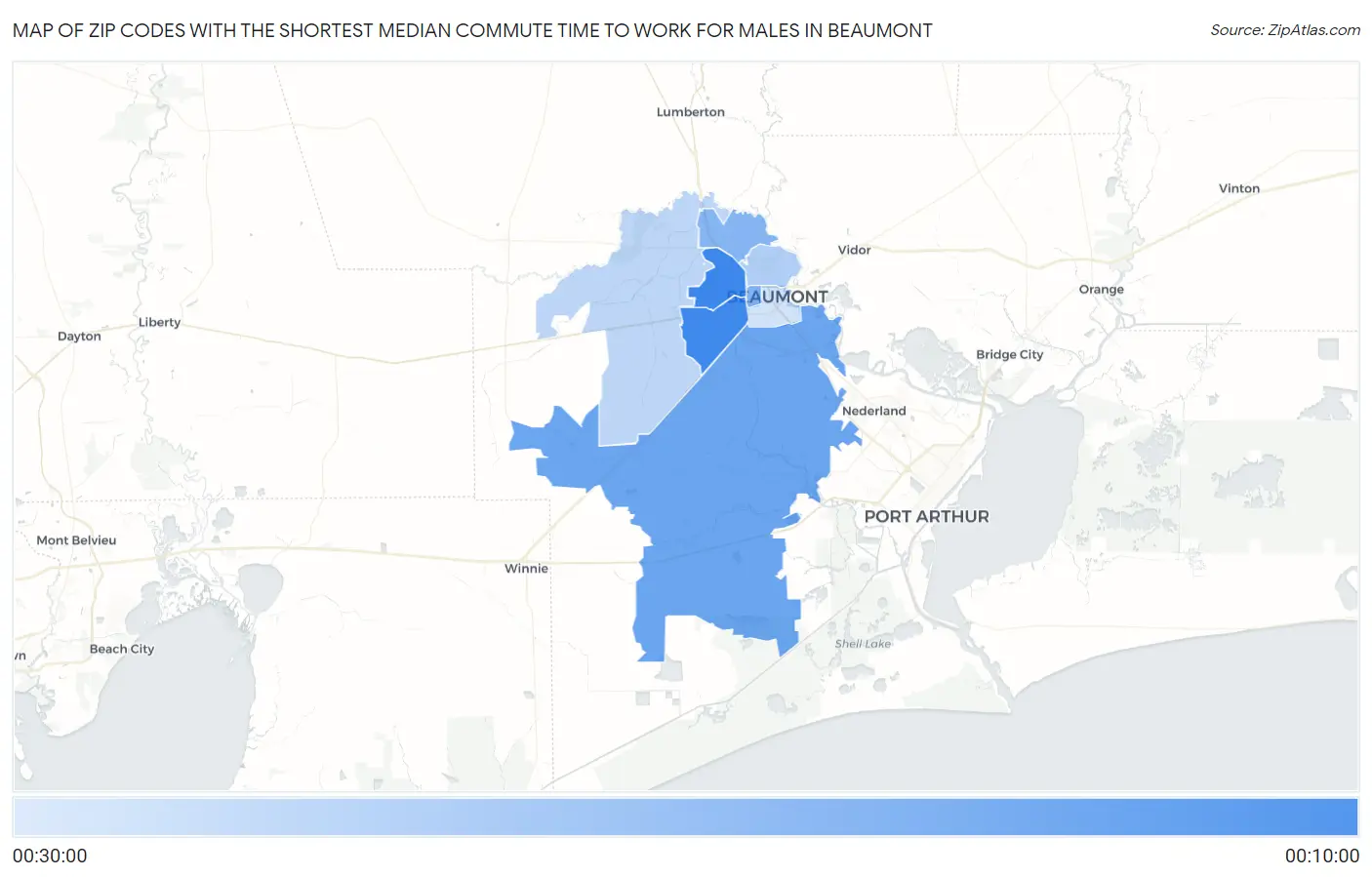 Zip Codes with the Shortest Median Commute Time to Work for Males in Beaumont Map