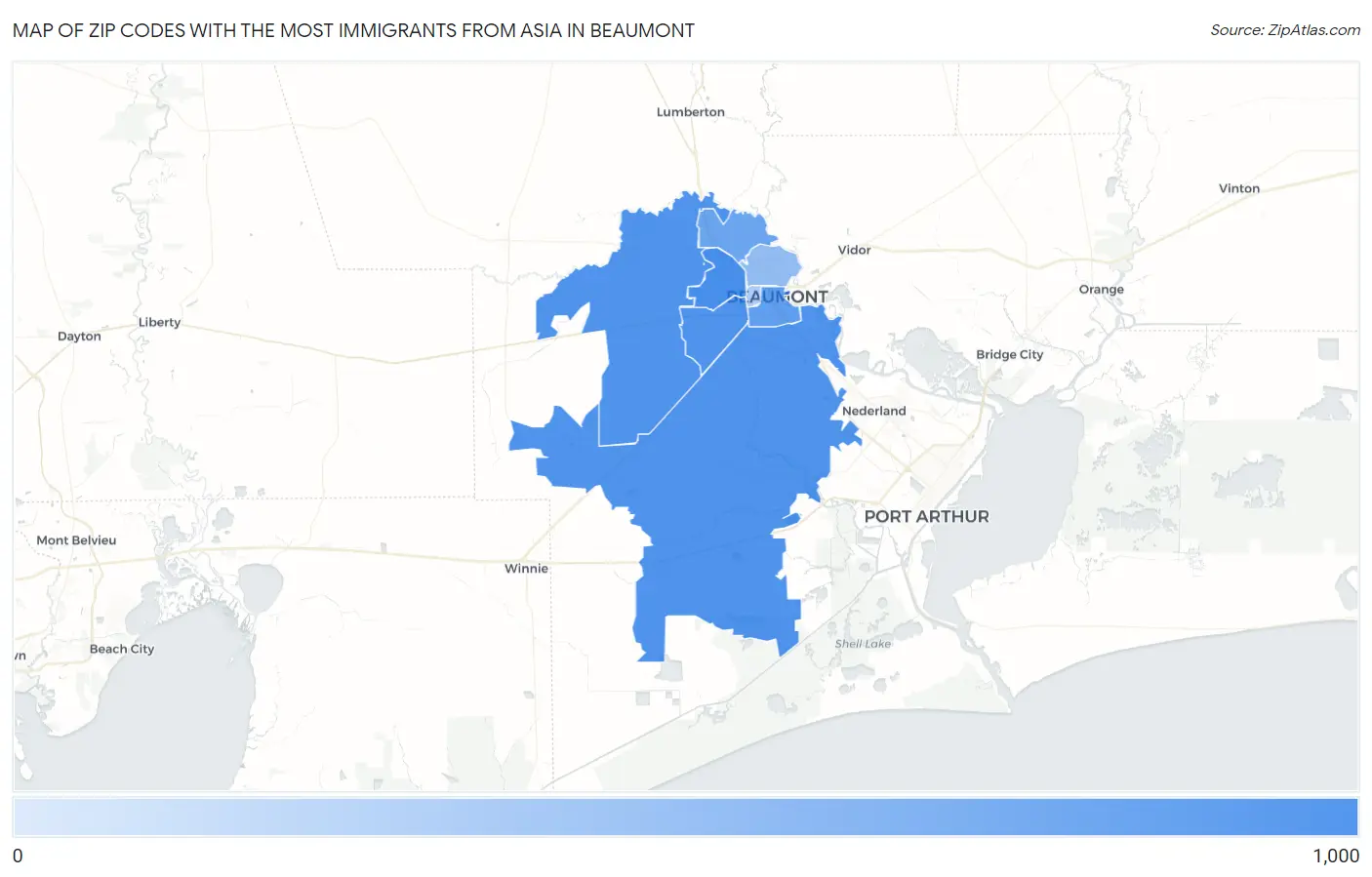 Zip Codes with the Most Immigrants from Asia in Beaumont Map