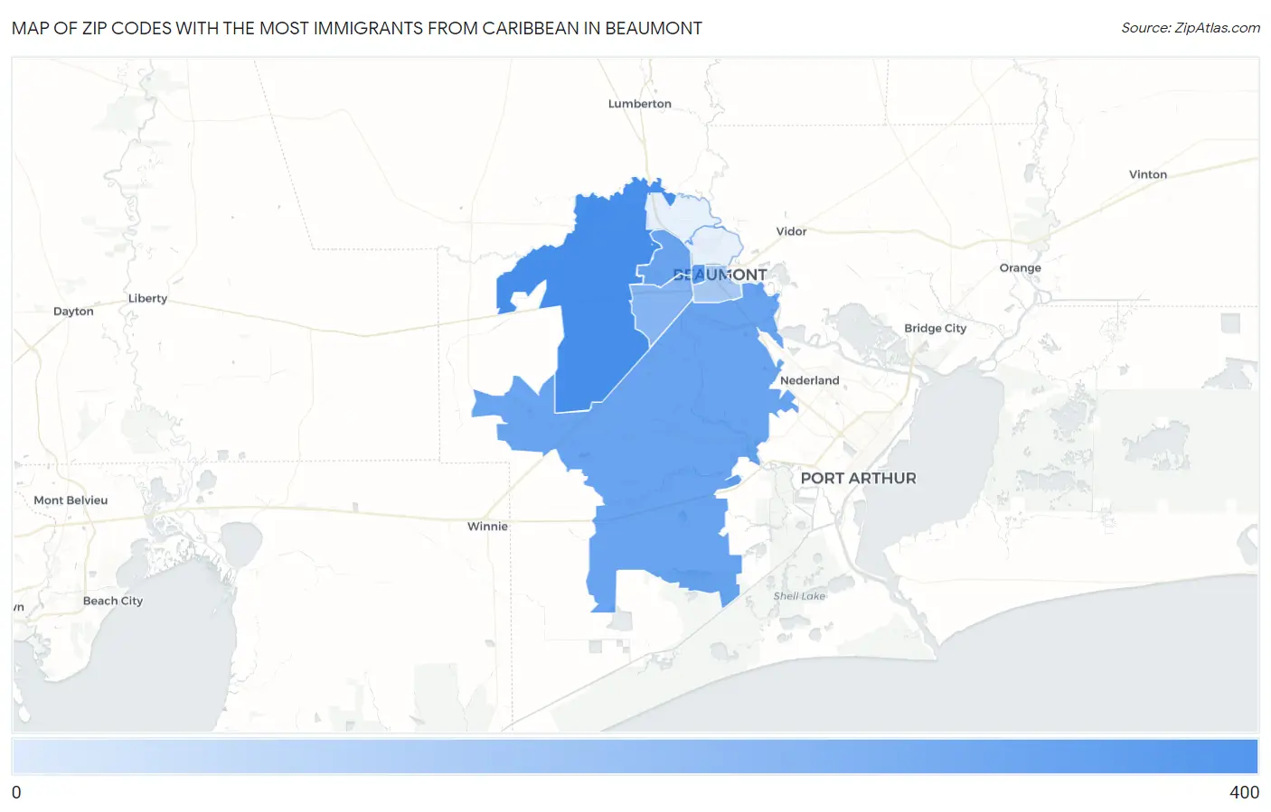 Zip Codes with the Most Immigrants from Caribbean in Beaumont Map