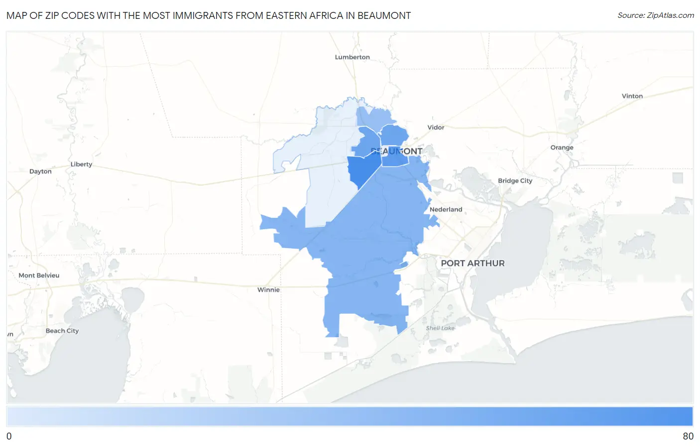 Zip Codes with the Most Immigrants from Eastern Africa in Beaumont Map