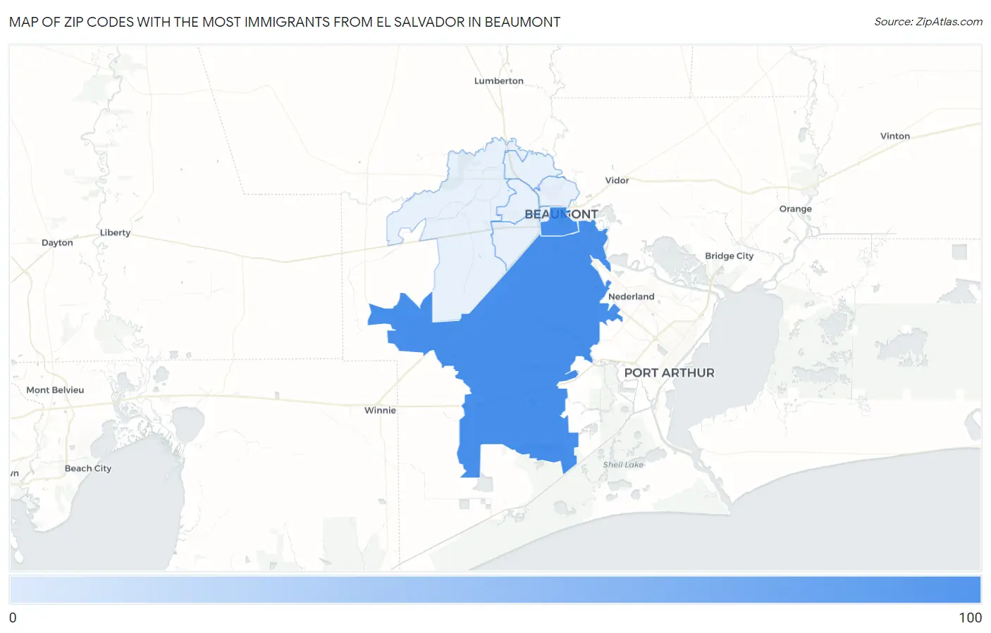 Zip Codes with the Most Immigrants from El Salvador in Beaumont Map