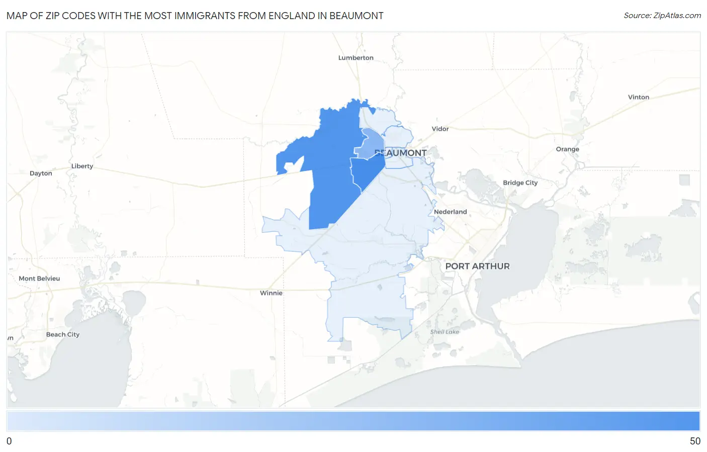 Zip Codes with the Most Immigrants from England in Beaumont Map
