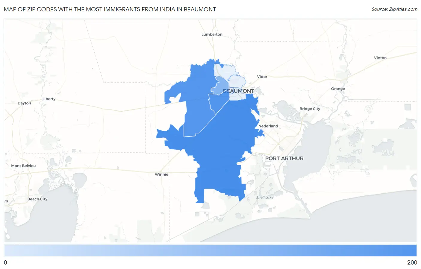 Zip Codes with the Most Immigrants from India in Beaumont Map