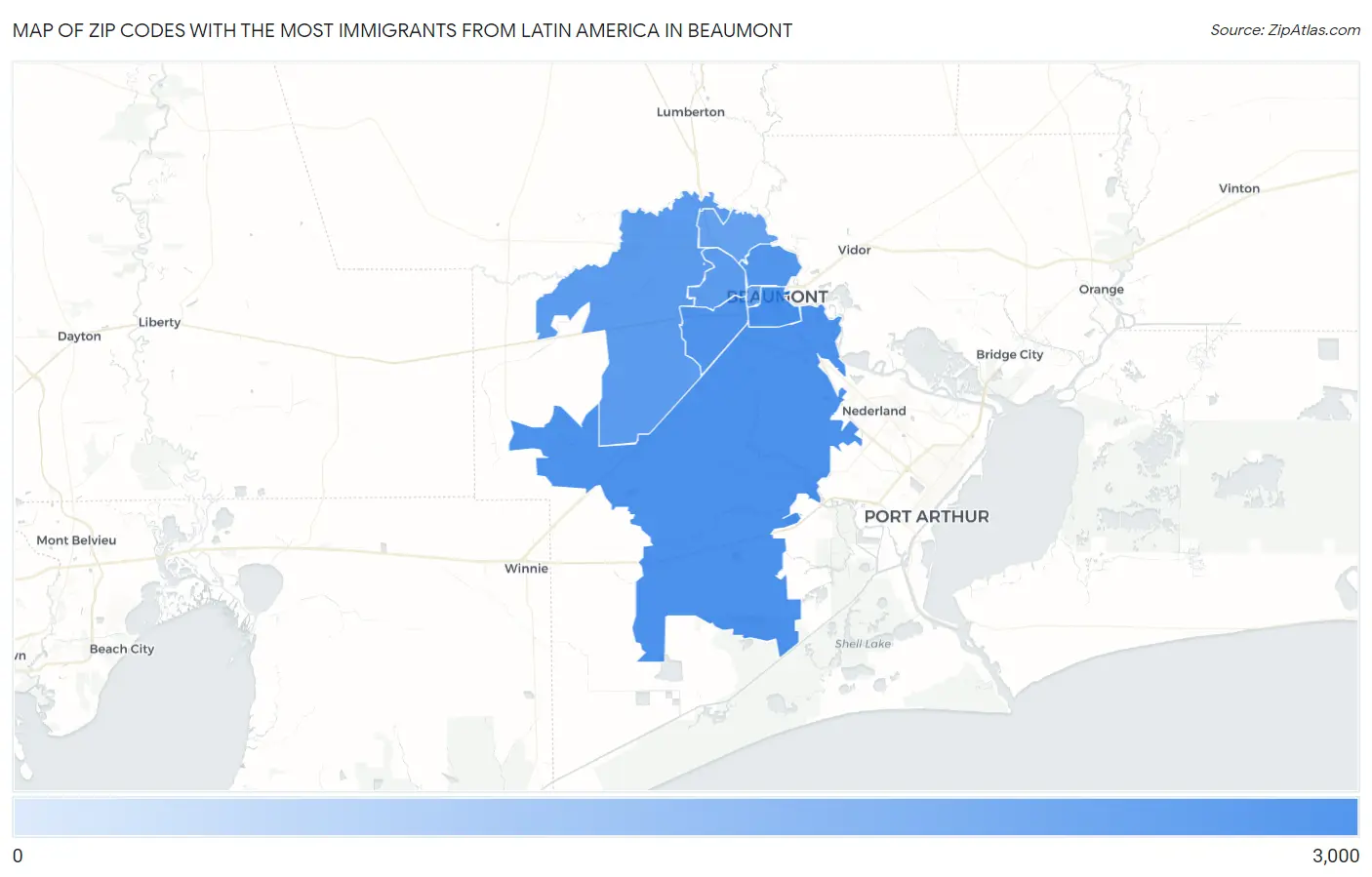 Zip Codes with the Most Immigrants from Latin America in Beaumont Map