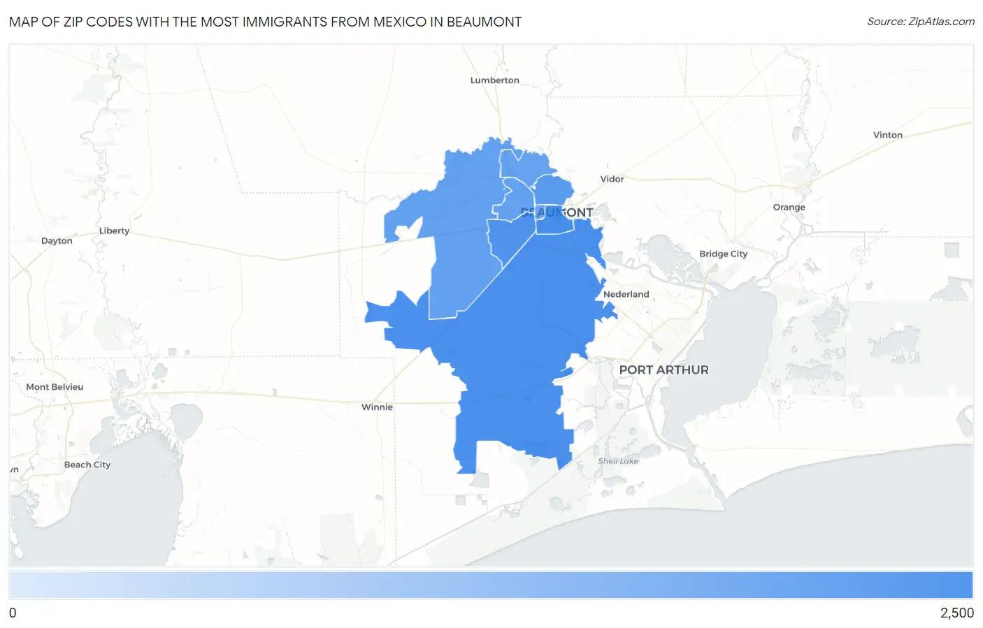 Zip Codes with the Most Immigrants from Mexico in Beaumont Map