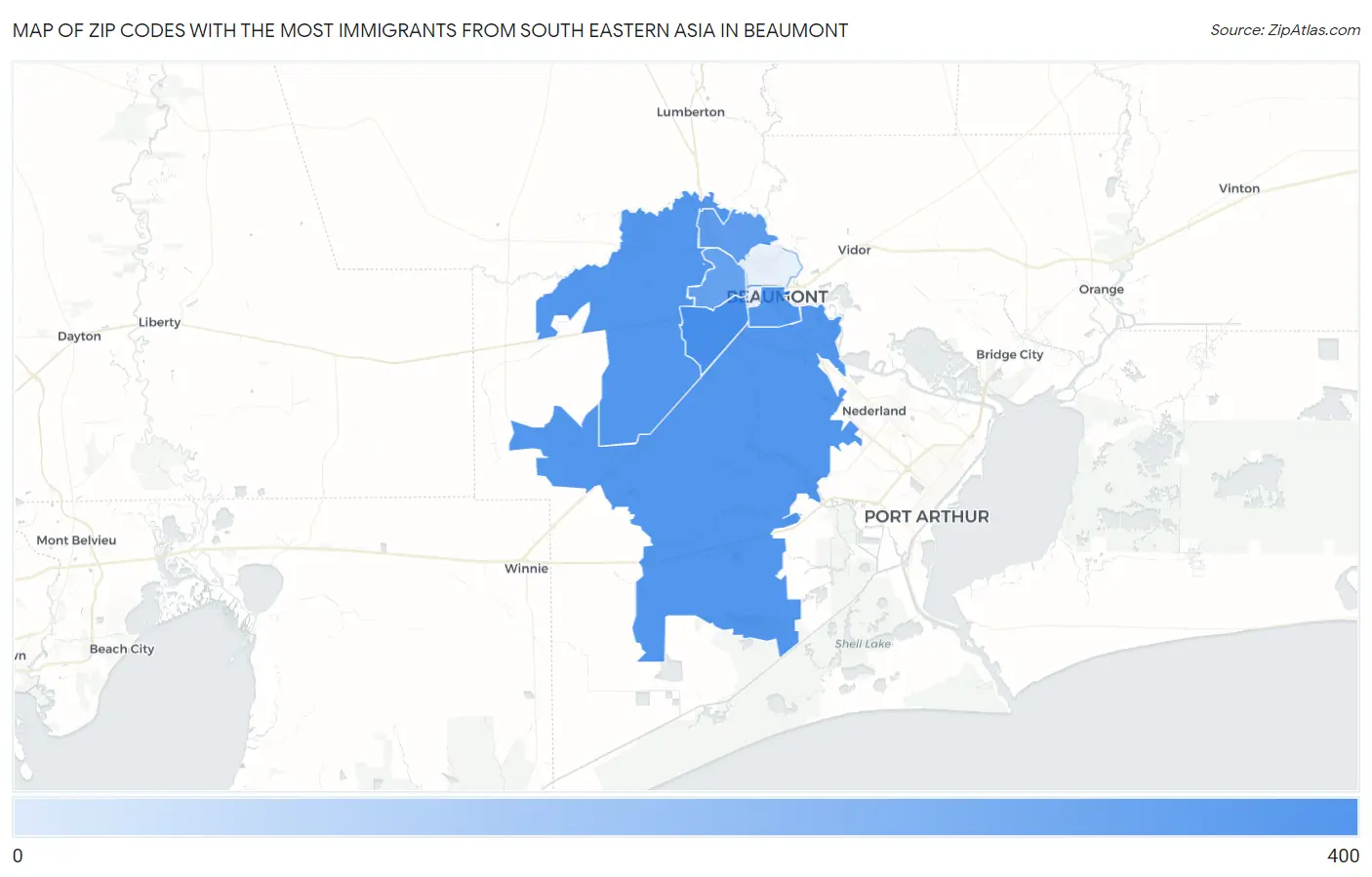 Zip Codes with the Most Immigrants from South Eastern Asia in Beaumont Map