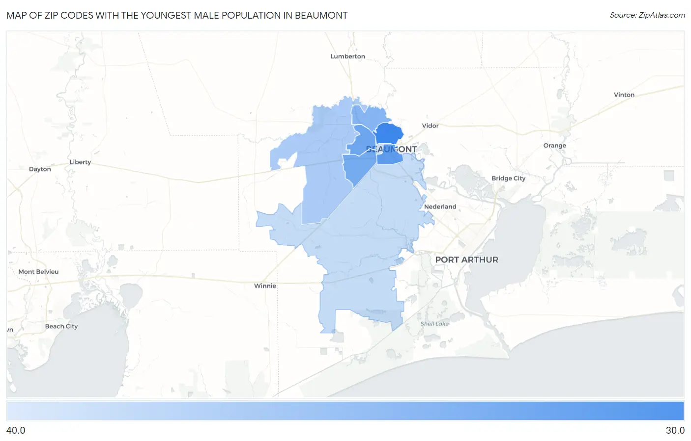 Zip Codes with the Youngest Male Population in Beaumont Map