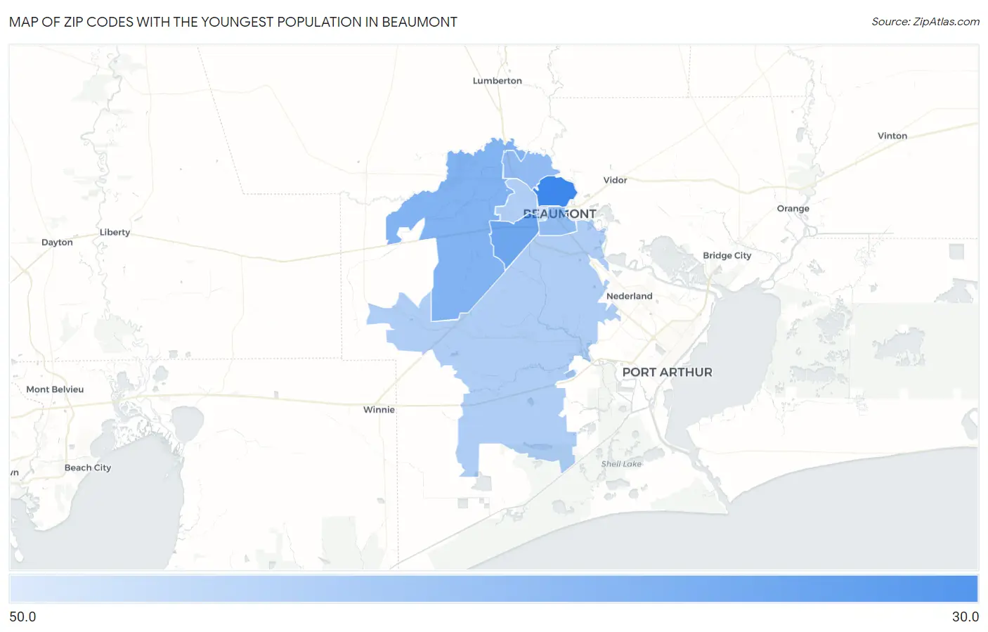 Zip Codes with the Youngest Population in Beaumont Map