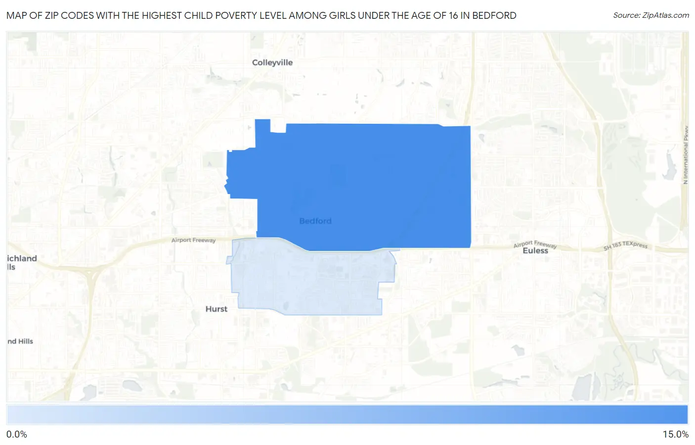 Zip Codes with the Highest Child Poverty Level Among Girls Under the Age of 16 in Bedford Map