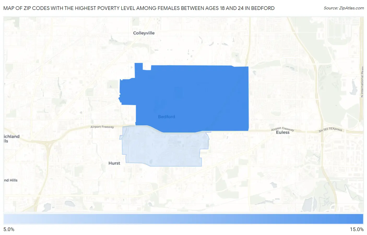 Zip Codes with the Highest Poverty Level Among Females Between Ages 18 and 24 in Bedford Map