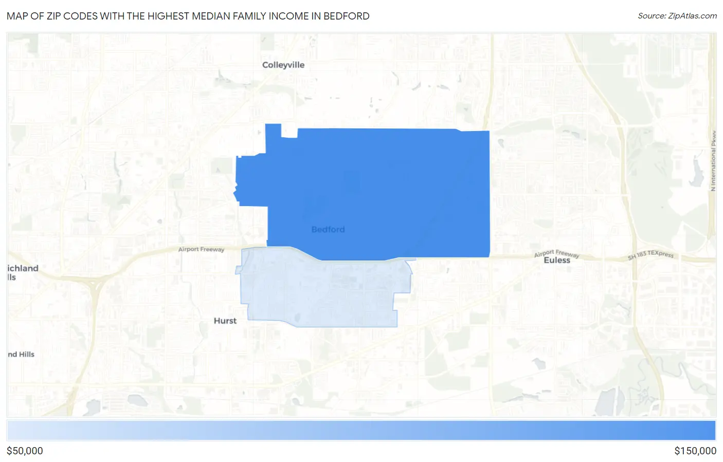 Zip Codes with the Highest Median Family Income in Bedford Map