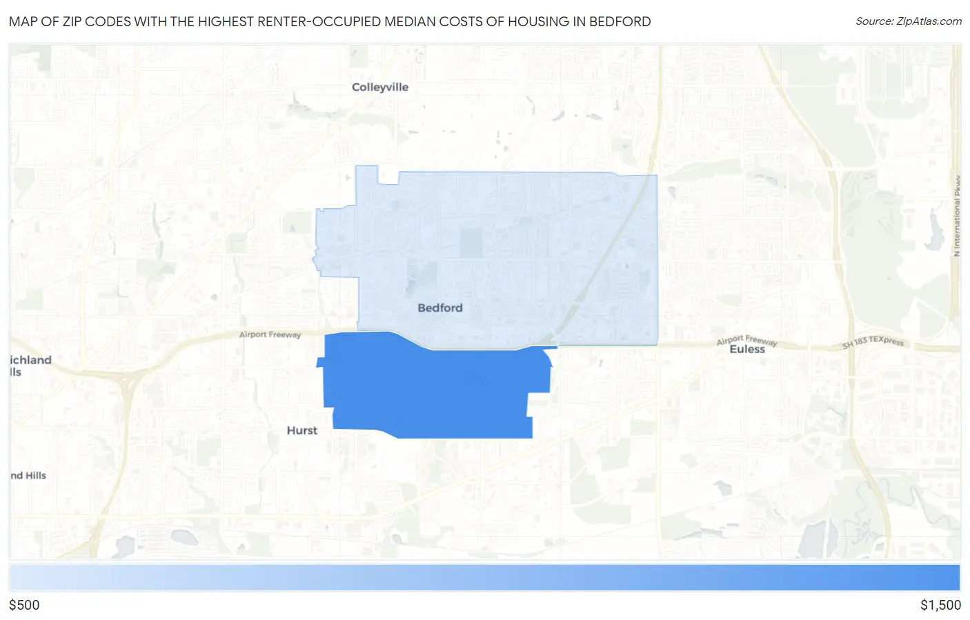 Zip Codes with the Highest Renter-Occupied Median Costs of Housing in Bedford Map