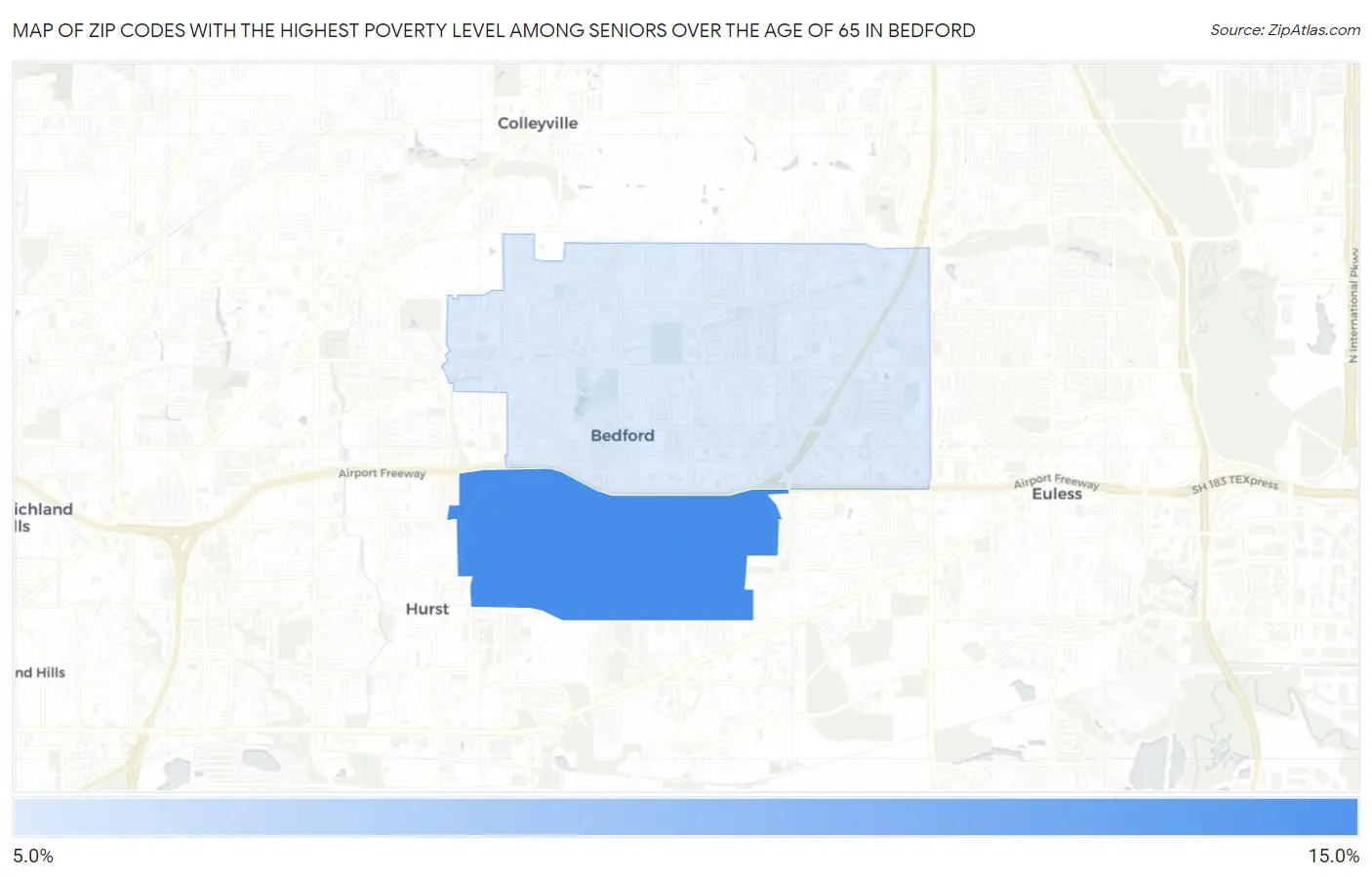 Zip Codes with the Highest Poverty Level Among Seniors Over the Age of 65 in Bedford Map