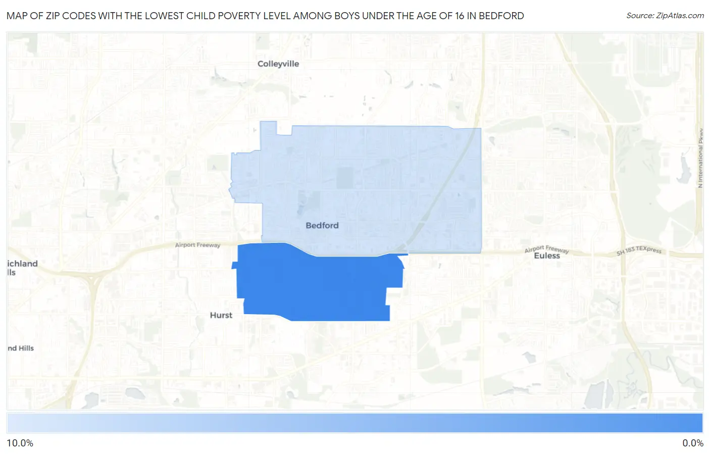 Zip Codes with the Lowest Child Poverty Level Among Boys Under the Age of 16 in Bedford Map