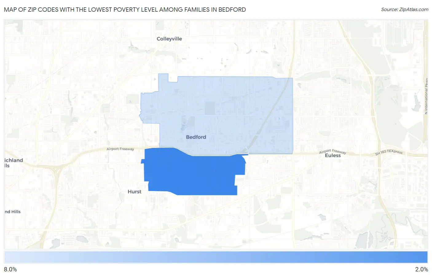 Zip Codes with the Lowest Poverty Level Among Families in Bedford Map