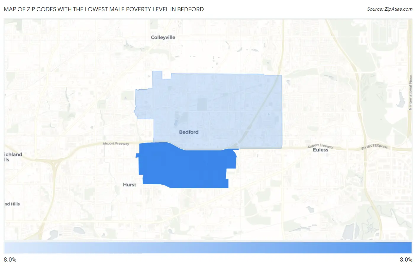 Zip Codes with the Lowest Male Poverty Level in Bedford Map