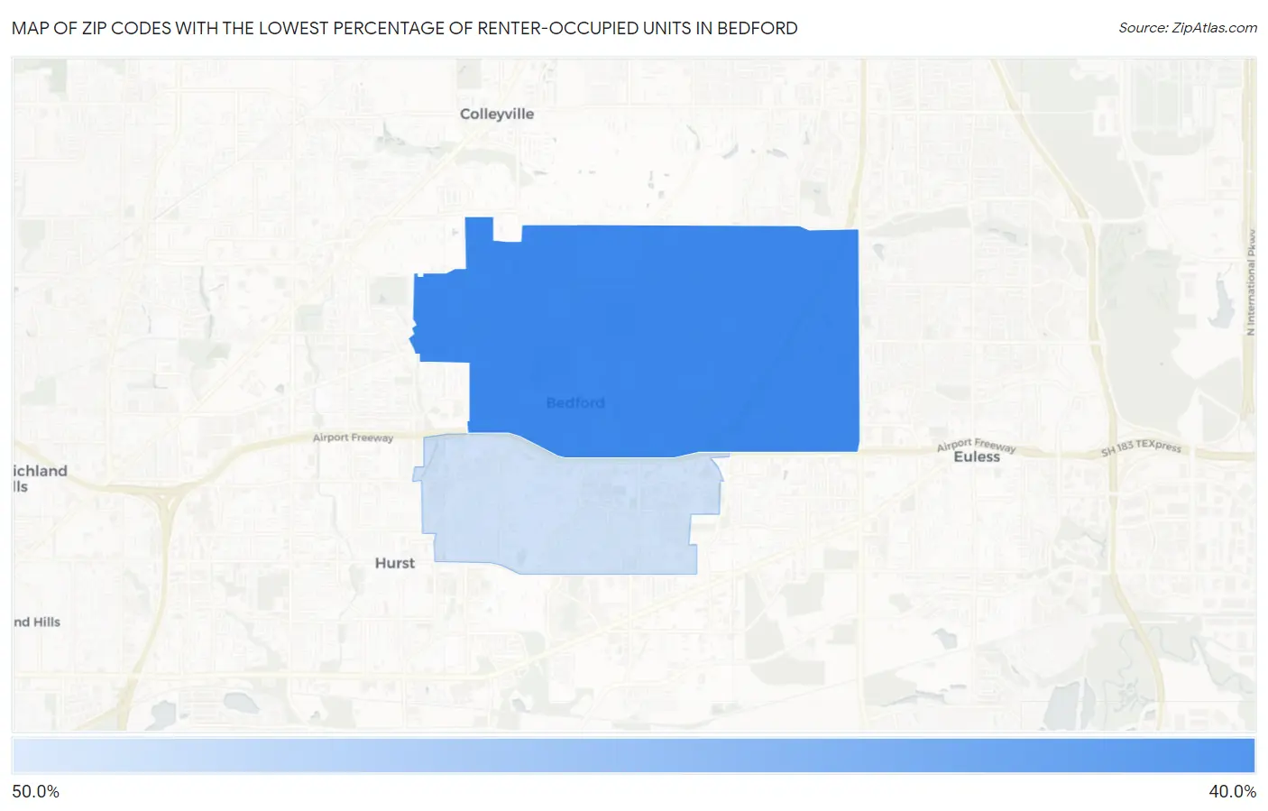 Zip Codes with the Lowest Percentage of Renter-Occupied Units in Bedford Map